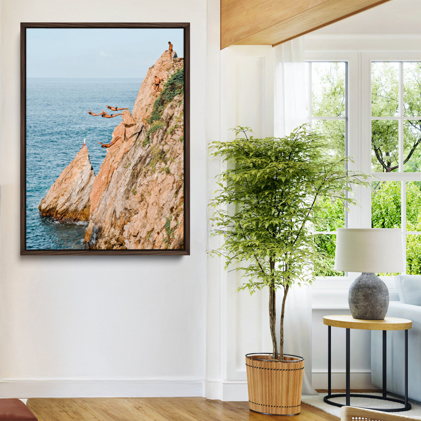 74527880-MGV-CV-36X24-Cliff Divers Wall Art Canvas Print, Framed Oceanfront Art Picture Print, Coastal Perfect Adventurous Decor
