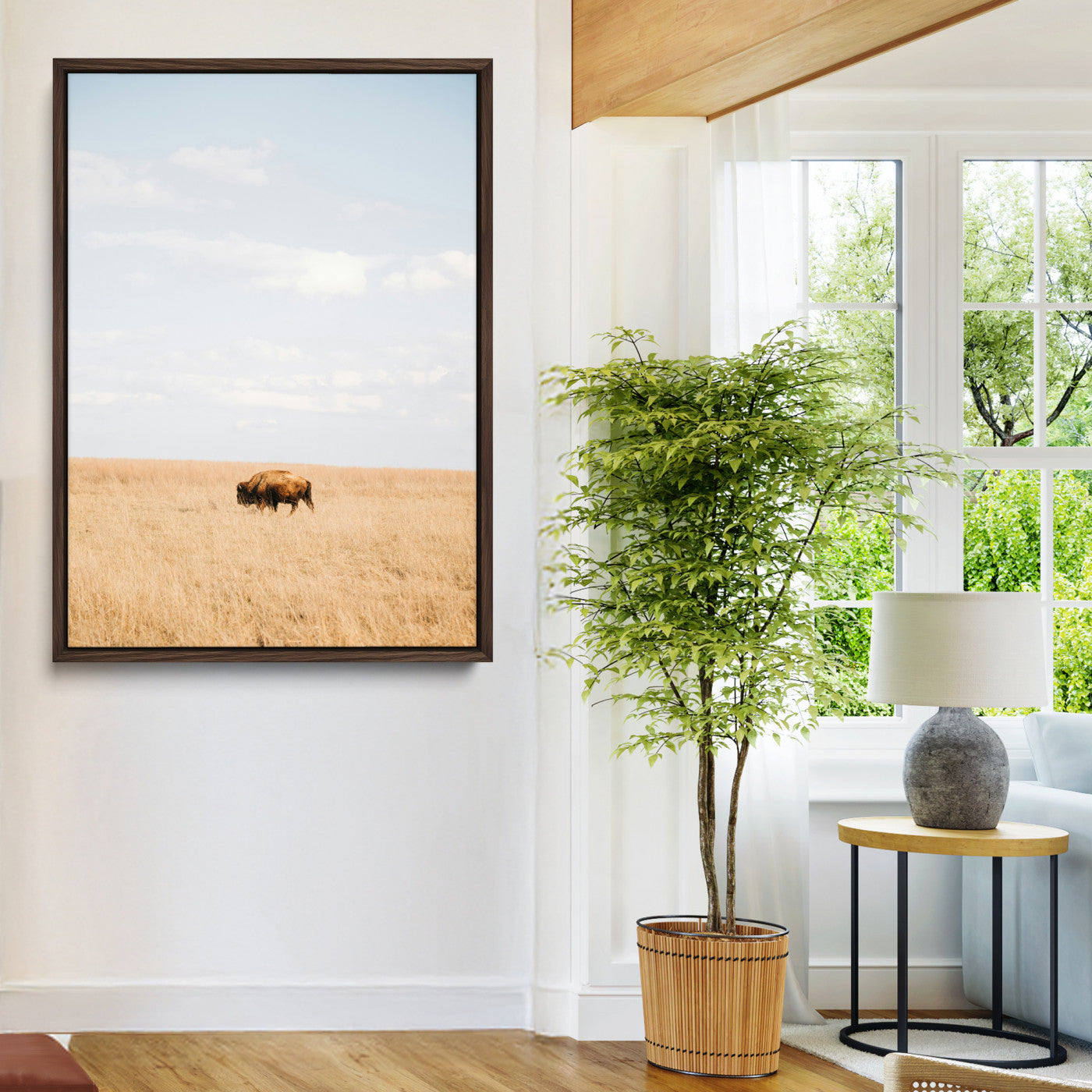 Minimalist Nature Wall Art Canvas Print, Framed Bison In Grassland Art Print, Open Field Perfect Modern Ranch Decor Decor Artwork
