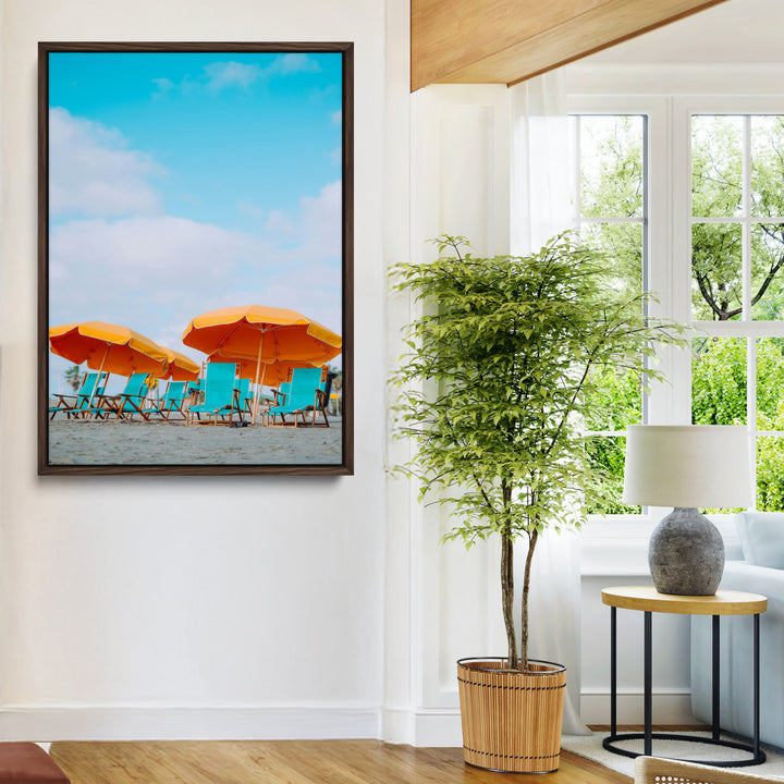 Beach Umbrellas Wall Art Canvas Print, Framed Coastal Vibes Art Picture Print, Tropical Paradise Perfect Coastal Boho Decor Artwork