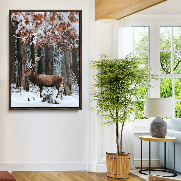 Serene Landscape Wall Art Canvas Print, Framed Winter Wonderland Art Picture Print, Winter Deer Canvas Perfect Rustic Cabin Decor Artwork