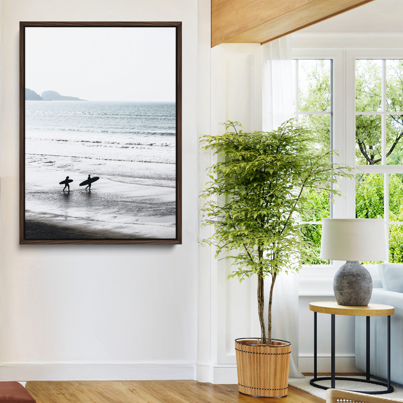 Surfer Silhouettes Wall Art Canvas Print, Framed Minimalist Ocean Art Picture Print