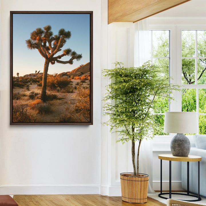 Joshua Tree Artwork Canvas Print, Desert Sunset Print, Framed Golden Hour Light Art Print, Large Southwestern Landscape Printing, Framed