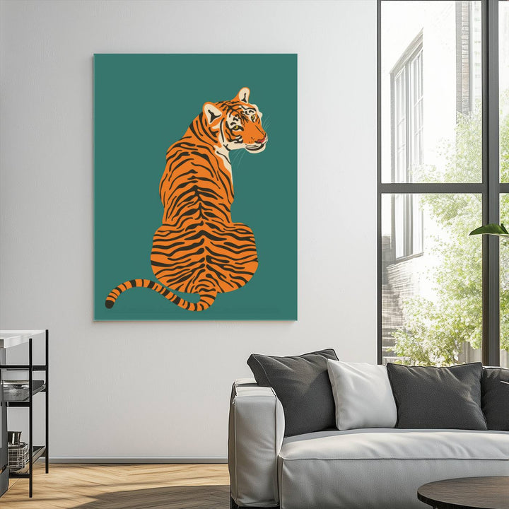 Illustration of a vibrant tiger against a textured wall, finished in gallery-quality on teal premium canvas, our Minimalist Bold Tiger Canvas Wall Art Print offers modern animal artwork ideal for any living room, bedroom, or office.