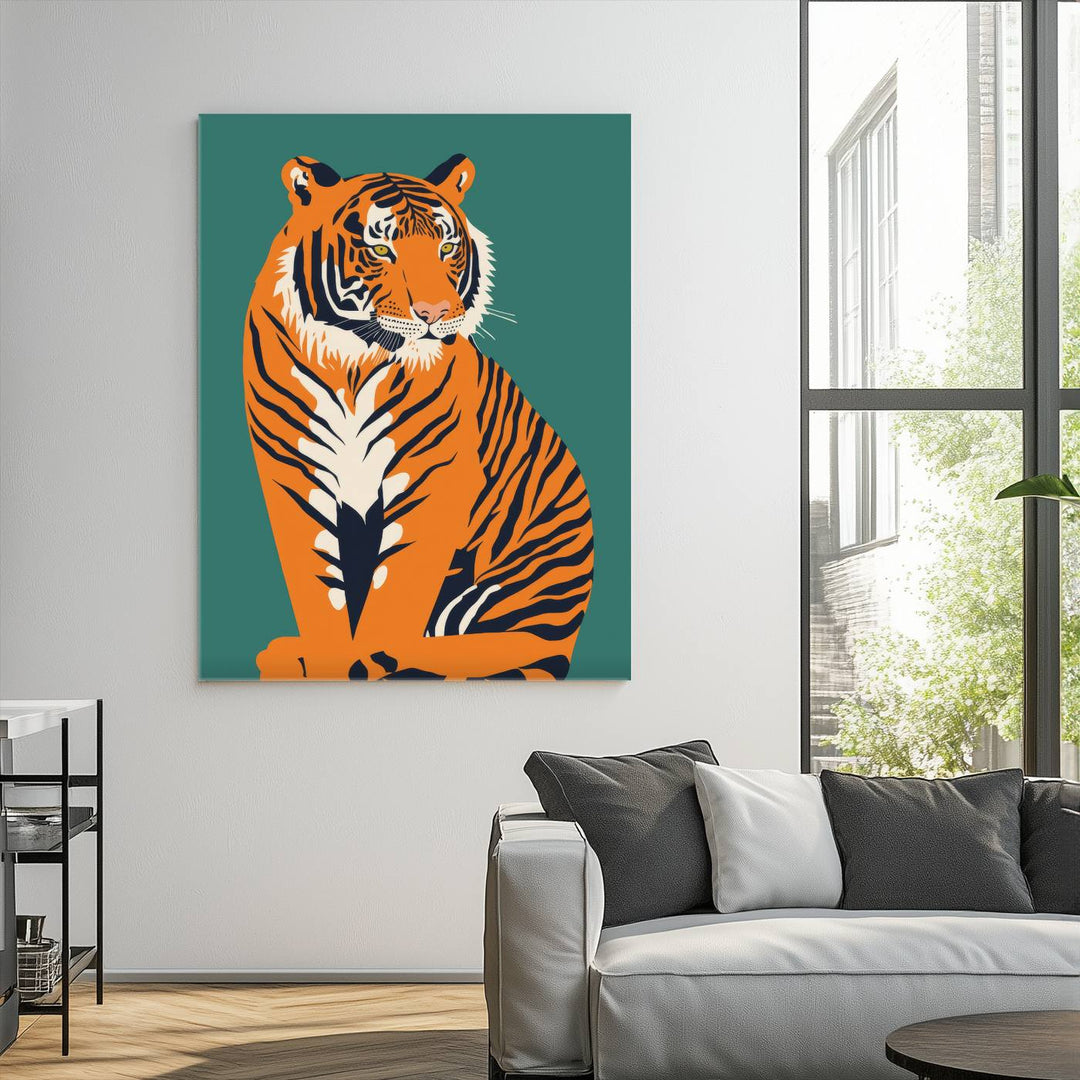 The living room features a captivating piece of wall art: the Minimalist Bold Tiger Canvas Wall Art Print, which displays a vibrant tiger design against a green backdrop. The premium canvas guarantees durability and enhances the room's decor with an elegant touch.