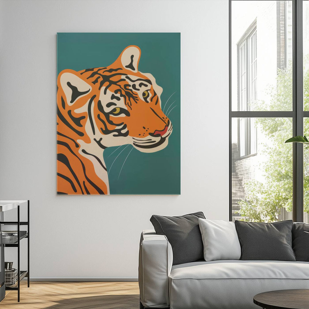 The "Bold Tiger Canvas Wall Art Print" is a captivating piece featuring a vibrant tiger design with orange and black striped fur against a green backdrop. Printed on premium canvas, it offers a gallery-quality finish, making it stunning wall art for your living room, bedroom, or office.