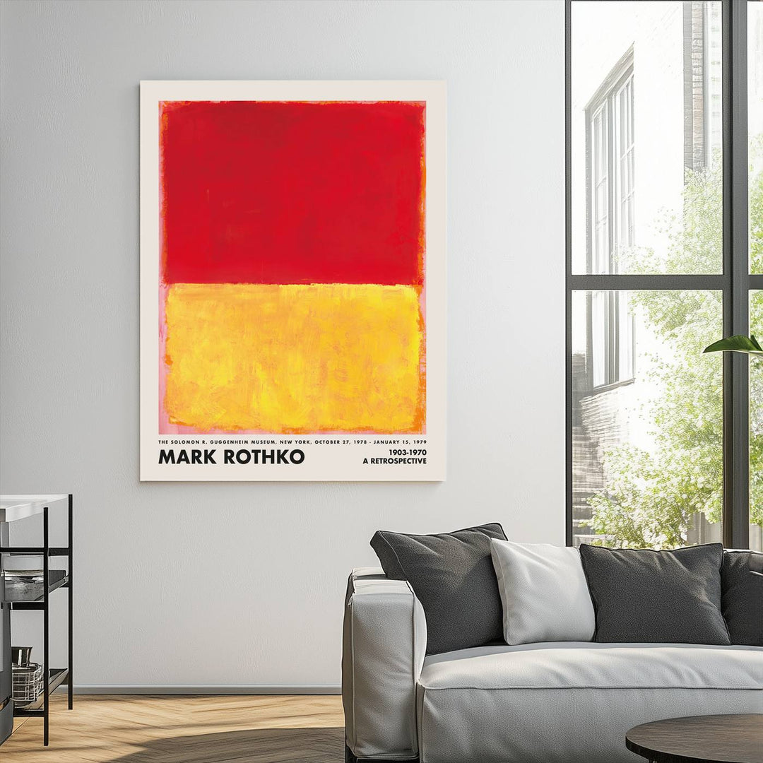 A Mark Rothko canvas wall art print, showcasing iconic abstract expressionist design in red and yellow, graces the wall, adding vibrancy to the minimalist interior.