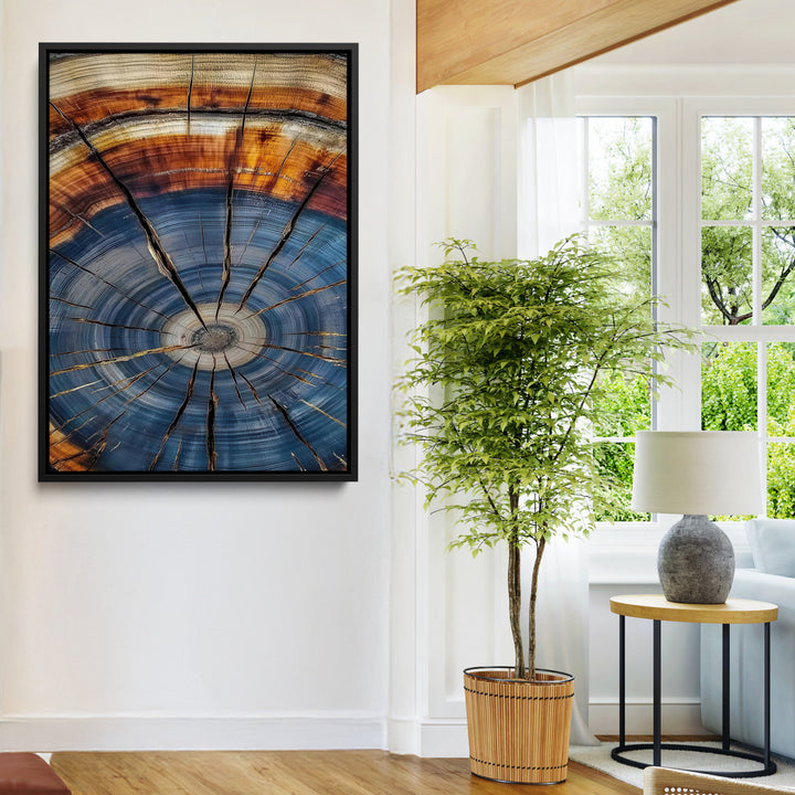 Tree Rings Wall Art Canvas Print, Framed Wood Texture Art Picture Print, Blue Grain Perfect Rustic Modern Decor Artwork, Wood Texture Wall Art Canvas