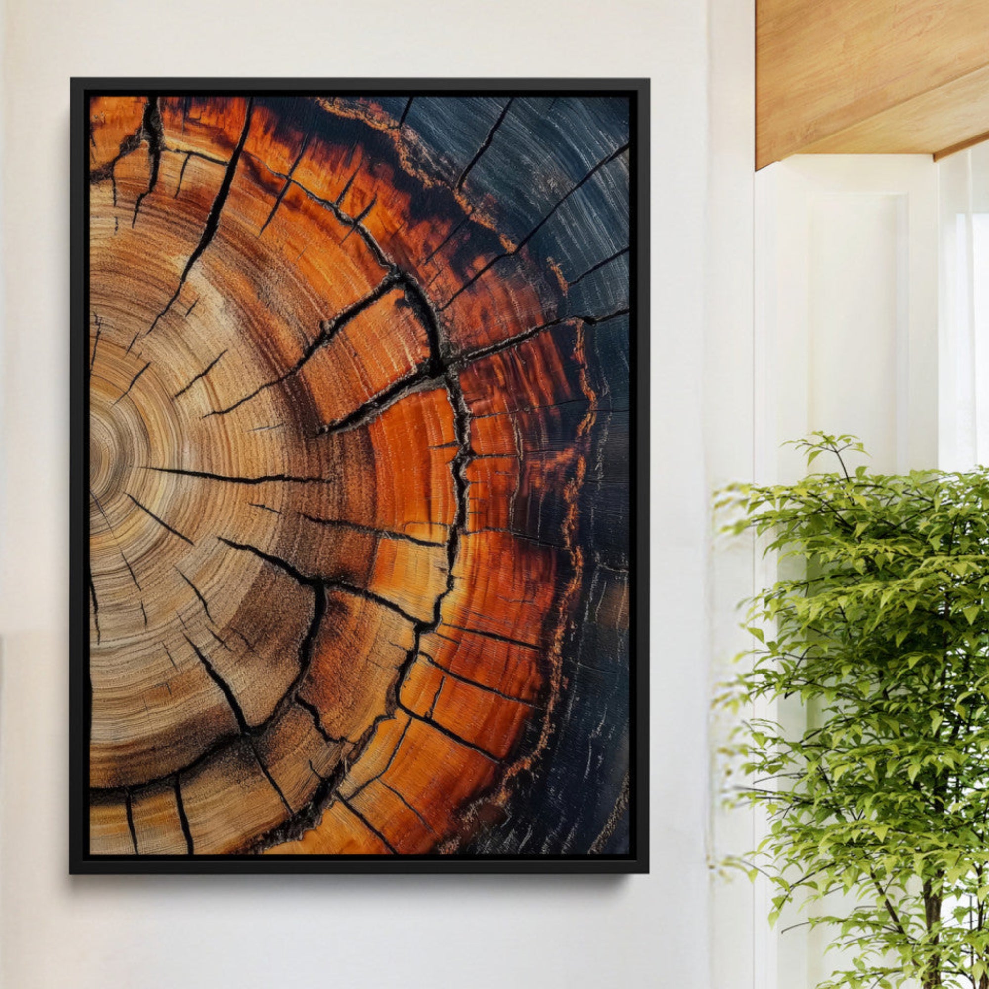 12078265-MGV-CV-36X24-Tree Rings Wall Art Canvas Print – Framed Burnt Wood Rustic Nature Growth Rings Organic Artwork for Home Office