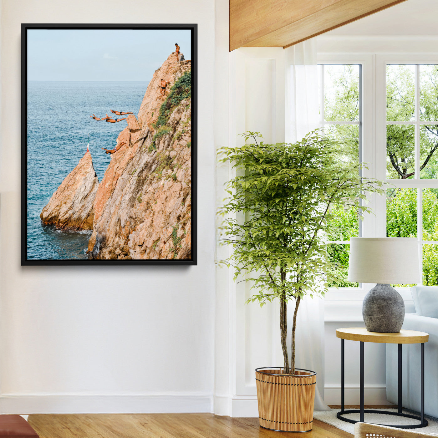 74527880-MGV-CV-36X24-Cliff Divers Wall Art Canvas Print, Framed Oceanfront Art Picture Print, Coastal Perfect Adventurous Decor