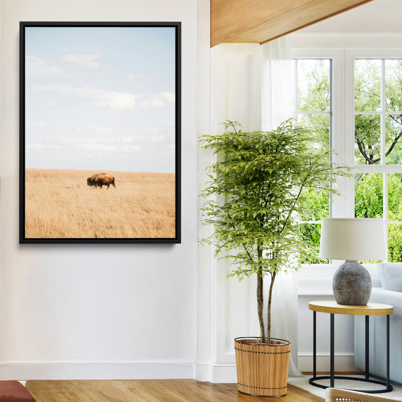 Minimalist Nature Wall Art Canvas Print, Framed Bison In Grassland Art Print, Open Field Perfect Modern Ranch Decor Decor Artwork