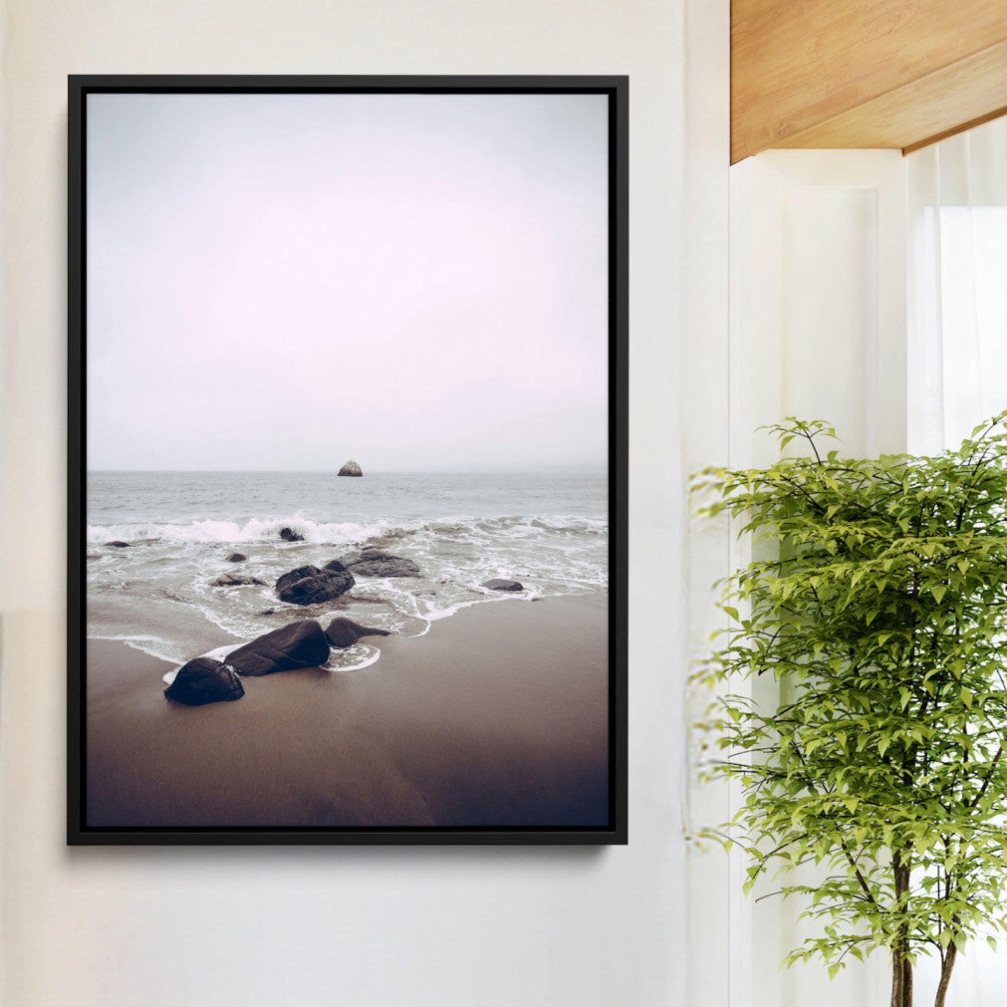 38272740-MGV-CV-24X36-Moody Seascape Wall Art Canvas Print – Foggy Ocean Waves Neutral Beach Scene Tranquil Coastal Nature Artwork for Home Office