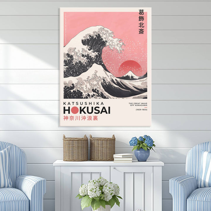 The rustic wall is enhanced by the timeless elegance of Japanese art with the Katsushika Hokusai The Great Wave Off Kanagawa Canvas Wall Art Print. This iconic piece, ready to hang, perfectly captures the dynamic energy and intricate details of the masterpiece.