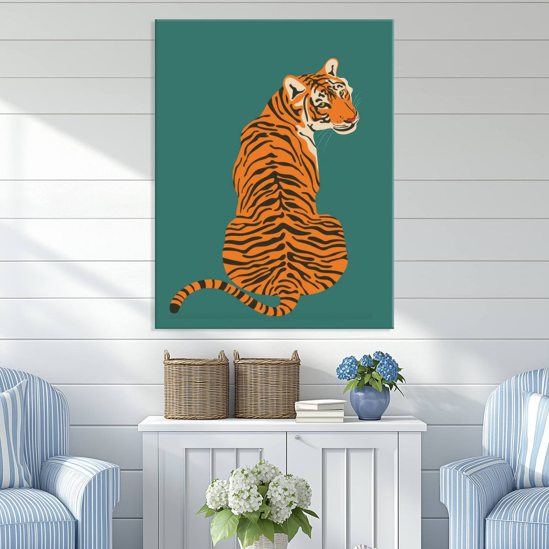 Illustration of a vibrant tiger against a textured wall, finished in gallery-quality on teal premium canvas, our Minimalist Bold Tiger Canvas Wall Art Print offers modern animal artwork ideal for any living room, bedroom, or office.