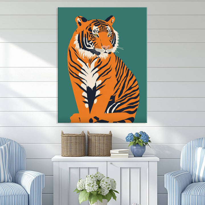 The living room features a captivating piece of wall art: the Minimalist Bold Tiger Canvas Wall Art Print, which displays a vibrant tiger design against a green backdrop. The premium canvas guarantees durability and enhances the room's decor with an elegant touch.