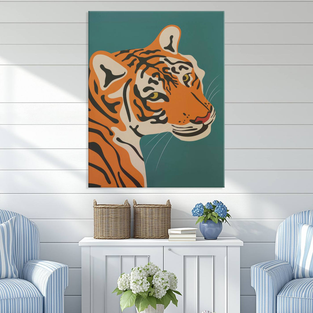 The "Bold Tiger Canvas Wall Art Print" is a captivating piece featuring a vibrant tiger design with orange and black striped fur against a green backdrop. Printed on premium canvas, it offers a gallery-quality finish, making it stunning wall art for your living room, bedroom, or office.