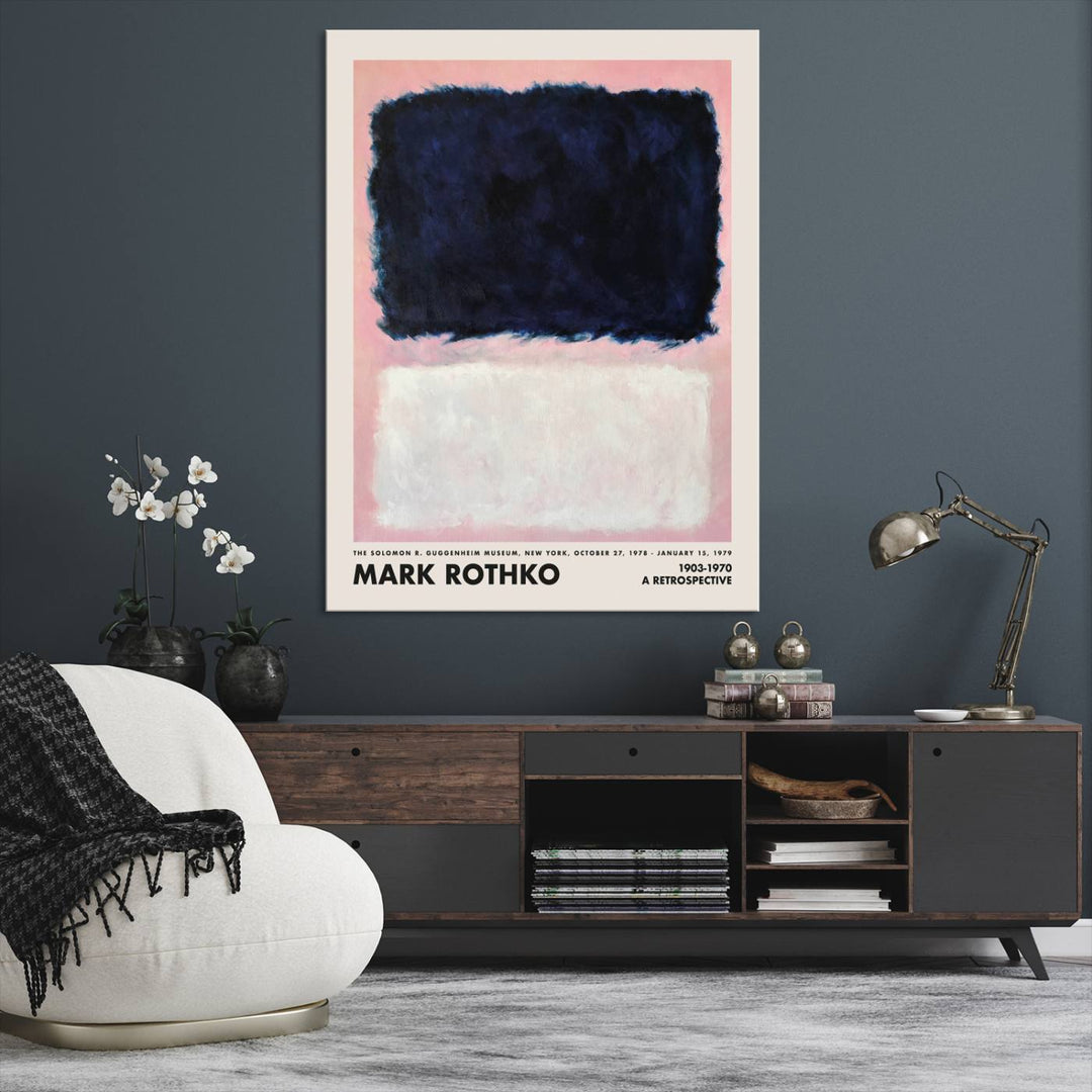 A minimalist interior decor features a Mark Rothko Canvas Wall Art Print, showcasing an iconic abstract expressionist design.