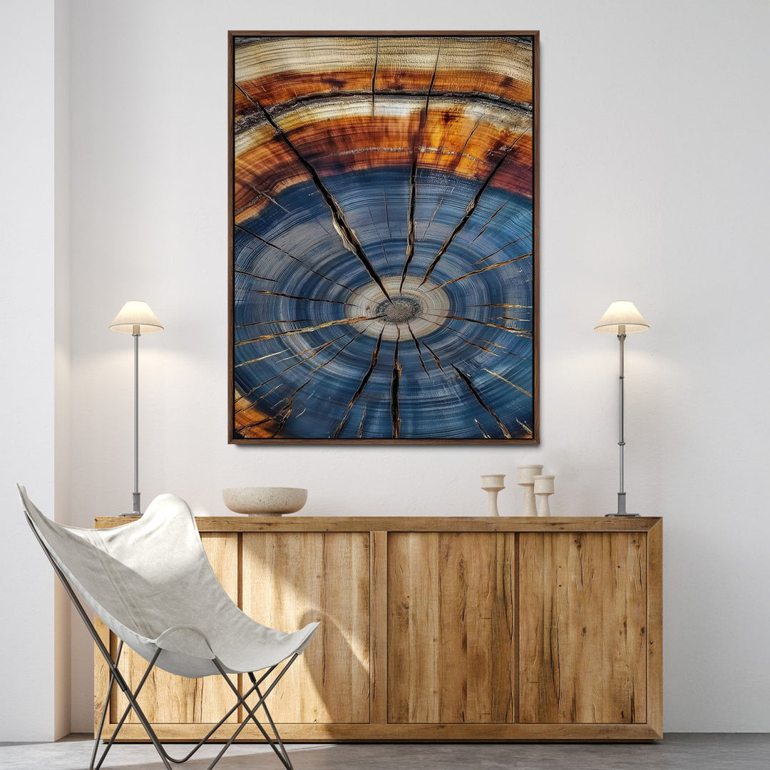 Tree Rings Wall Art Canvas Print, Framed Wood Texture Art Picture Print, Blue Grain Perfect Rustic Modern Decor Artwork, Wood Texture Wall Art Canvas