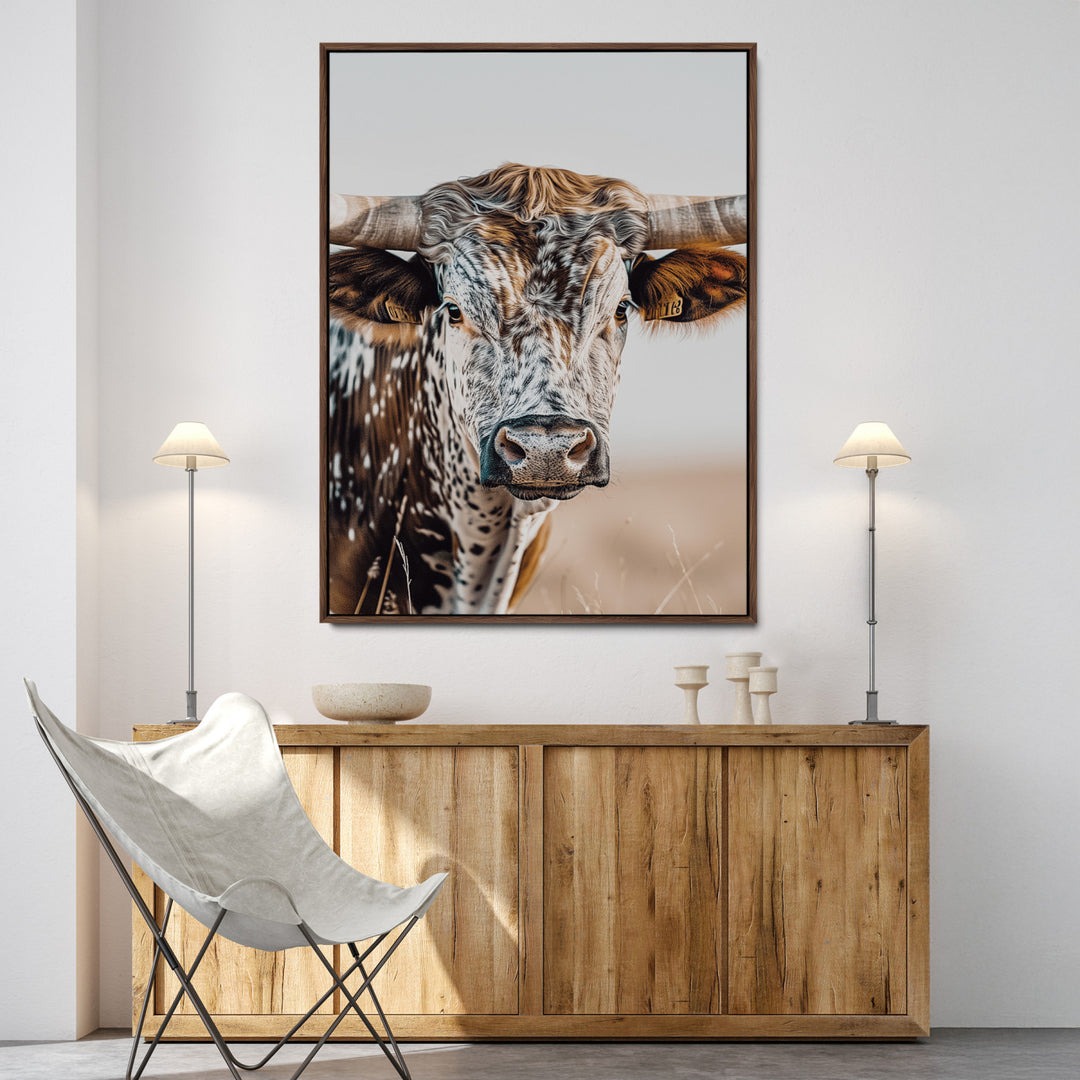Texas Longhorn Wall Art Canvas Print, Framed Speckled Cow Art Picture Print, Horned Bull Perfect Rustic Western Decor, Texas Longhorn Canvas