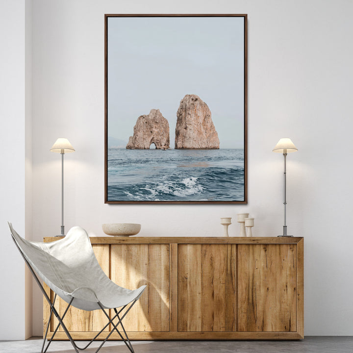 Faraglioni Capri Wall Art Canvas Print, Serene Ocean Print, Framed Mediterranean Coastal Art Print, Large Rocky Ocean Printing