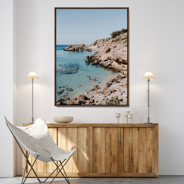 Turquoise Cove Wall Art Canvas Print, Ibiza Beach Print, Framed Mediterranean Shore Art Print, Large Clear Shoreline Printing Boho