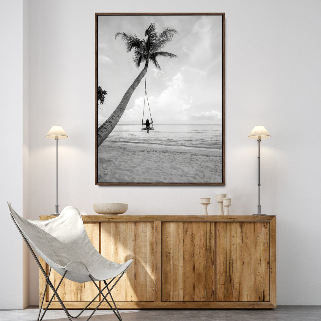 Black White Palm Tree Wall Art Canvas Print, Minimalist Beach Swing Print, Framed Monochrome Coastal Art Print, Large Tropical Ocean