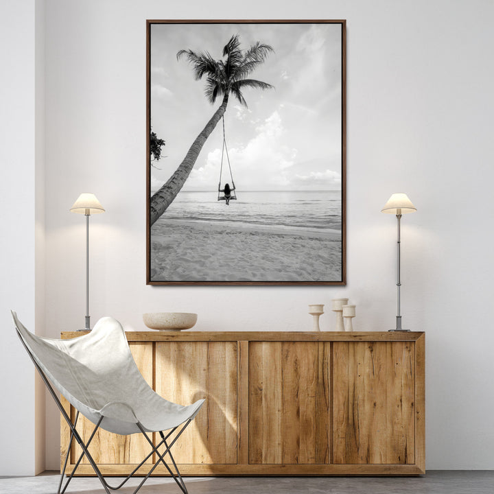 Black White Palm Tree Wall Art Canvas Print, Minimalist Beach Swing Print, Framed Monochrome Coastal Art Print, Large Tropical Ocean