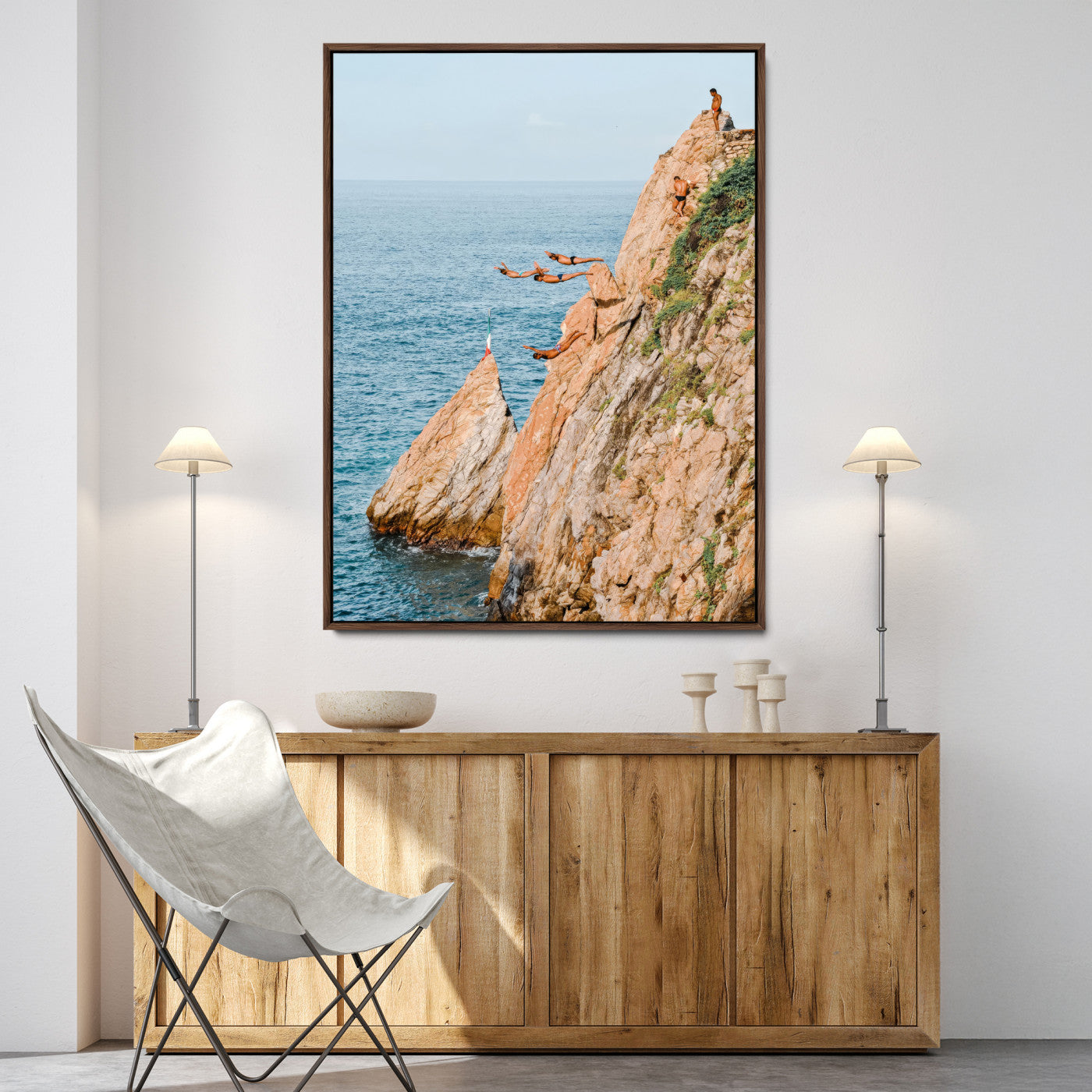 74527880-MGV-FC-36X24-Cliff Divers Wall Art Canvas Print, Framed Oceanfront Art Picture Print, Coastal Perfect Adventurous Decor