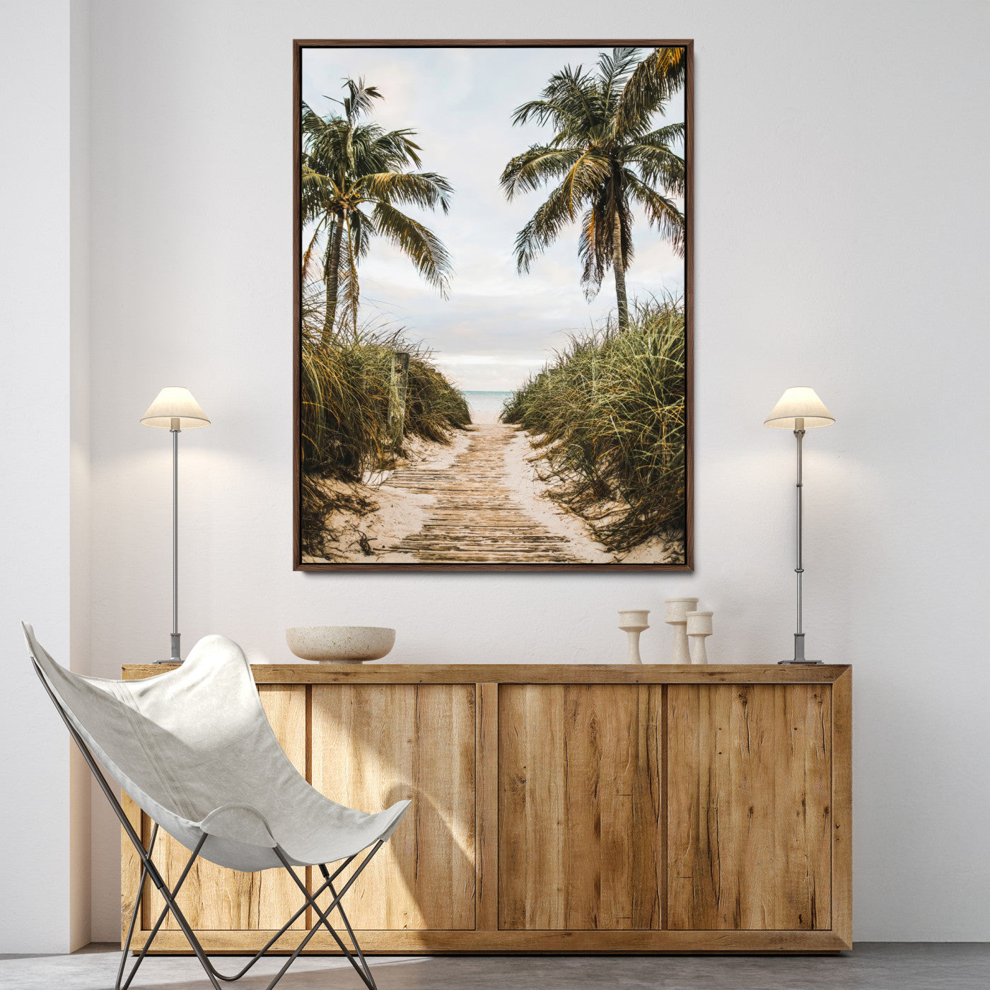 47319550-MGV-FC-36X24-Tropical Beach Wall Art Canvas Print, Framed Rustic Sand Art Picture Print, Palm Tree Perfect Coastal Decor