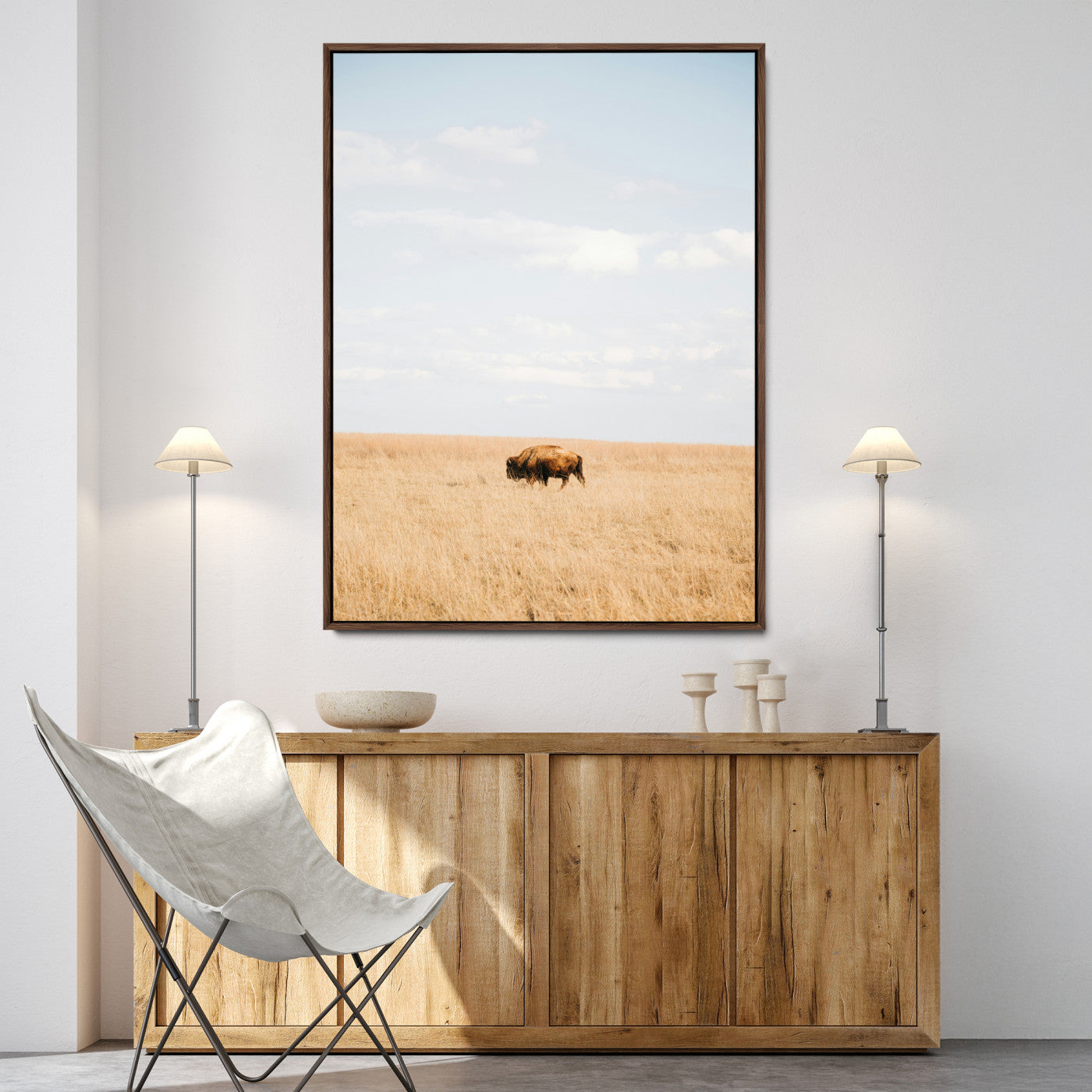 Minimalist Nature Wall Art Canvas Print, Framed Bison In Grassland Art Print, Open Field Perfect Modern Ranch Decor Decor Artwork