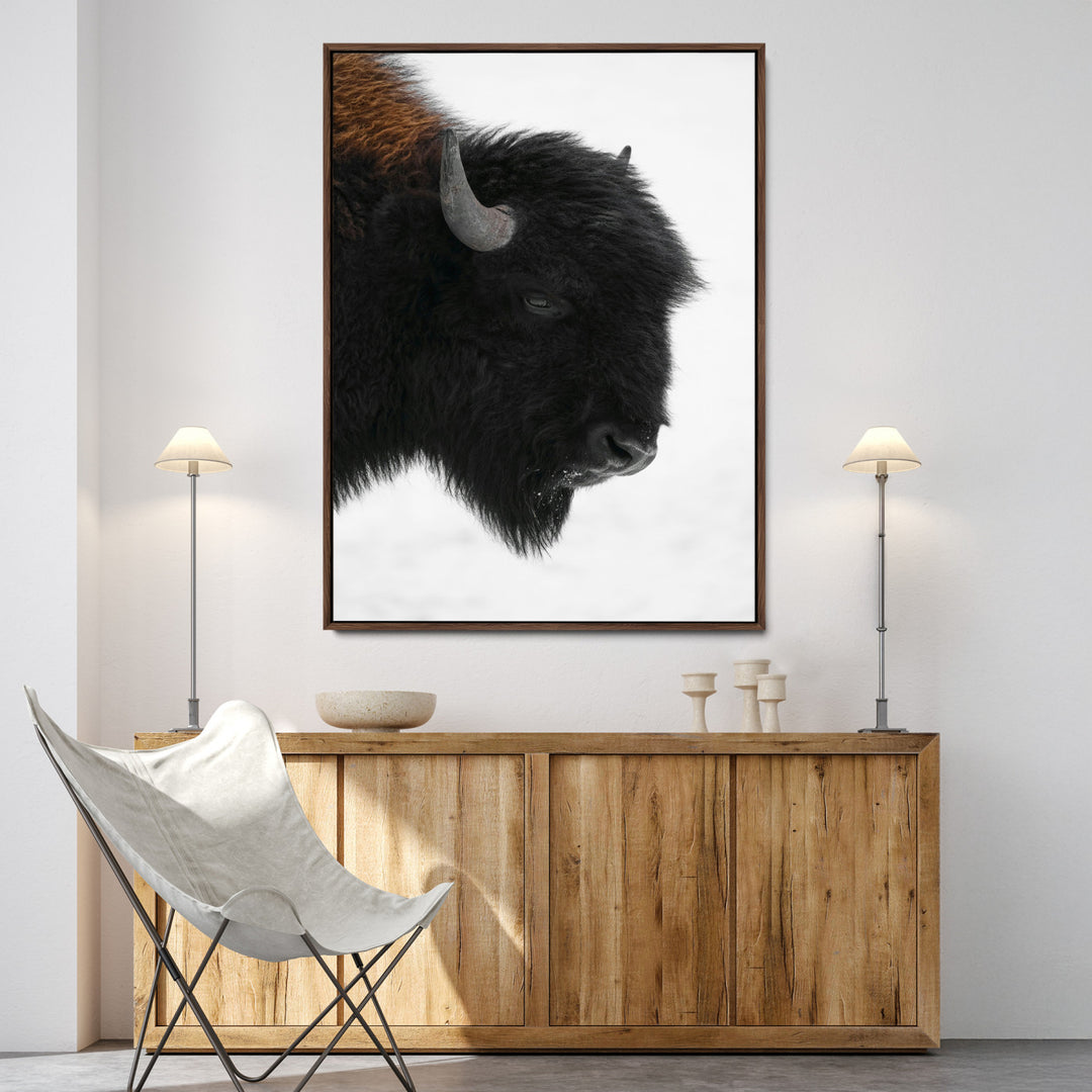 Western Rustic Wall Art Canvas Print, Framed Buffalo Photography Art Picture Print, Black and White Wildlife Perfect Modern Ranch Decor