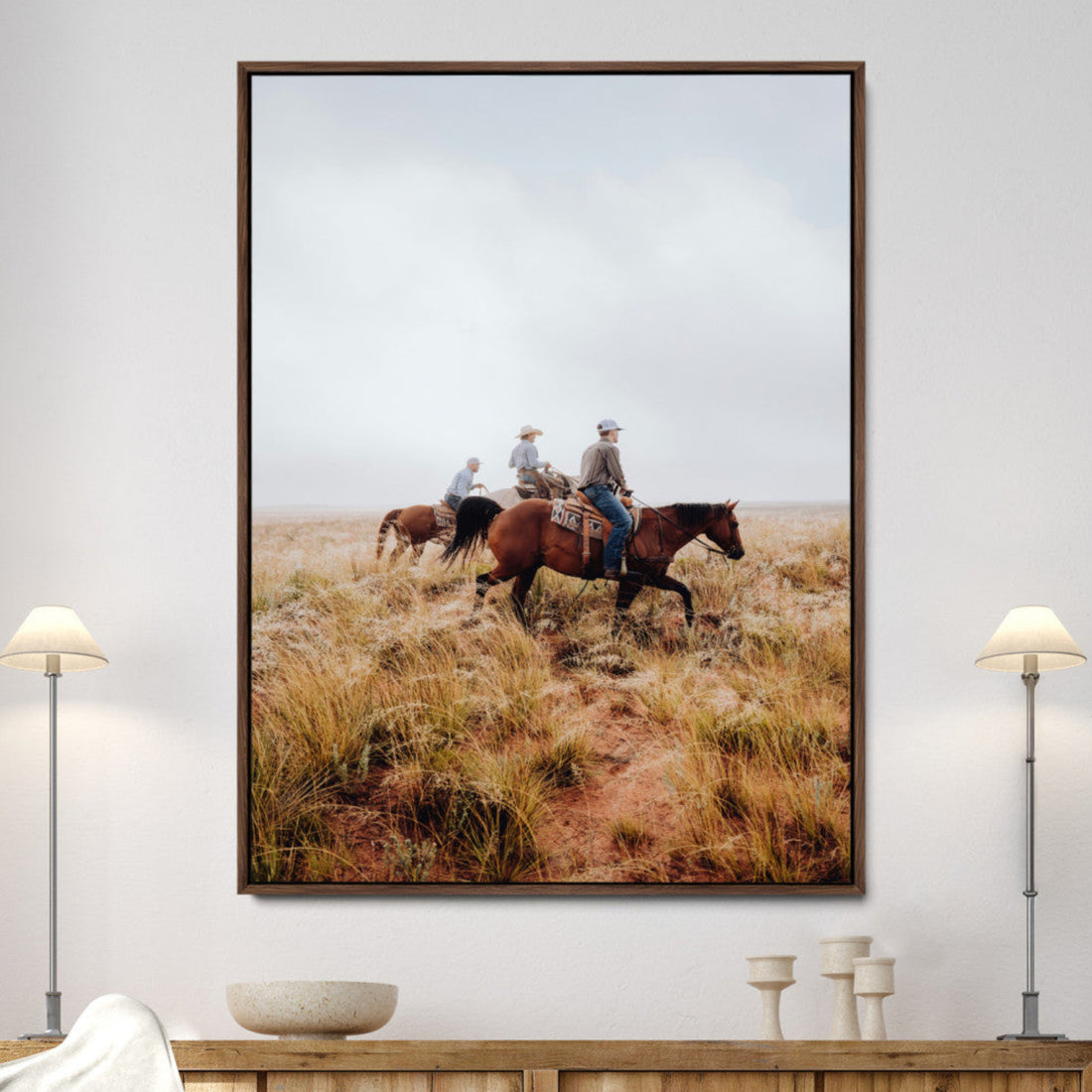 Golden Grassland Wall Art Canvas Print, Framed Western Frontier Open Range Riders