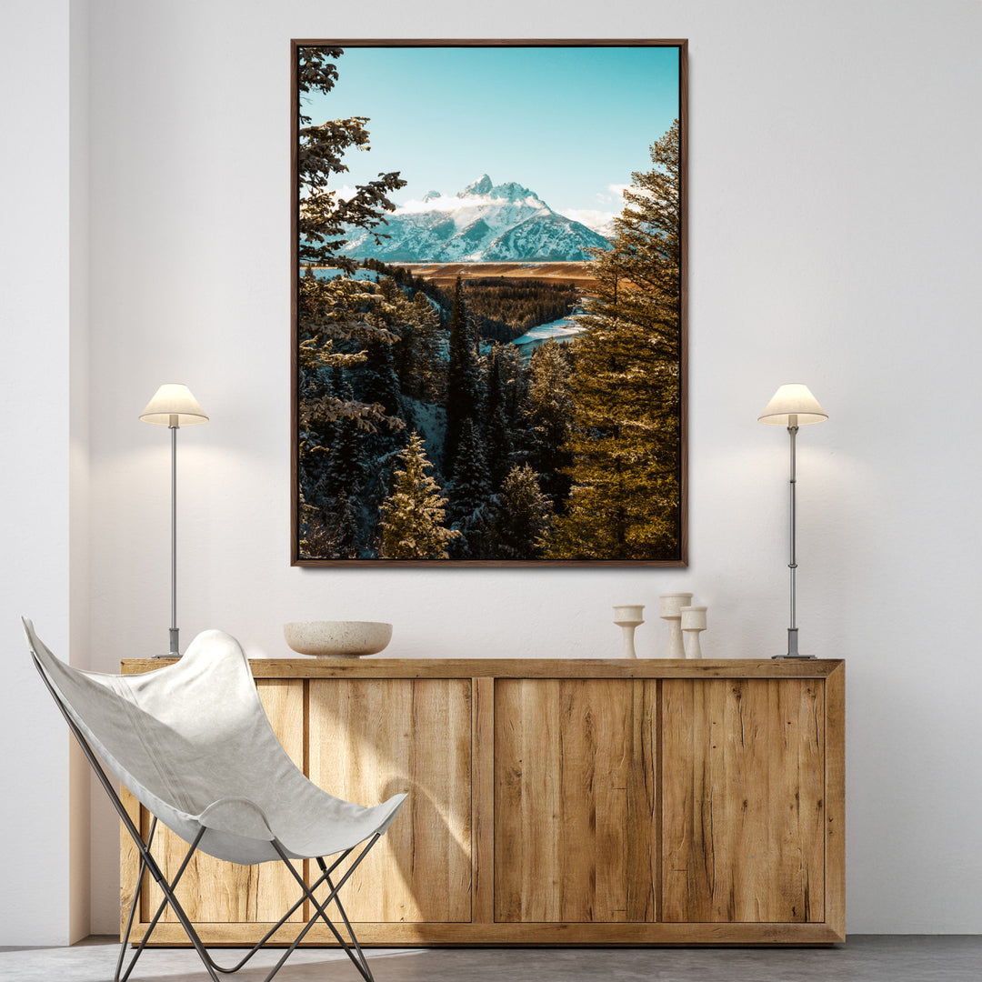 Mountain Landscape Wall Art Canvas Print, Framed Snowy Peaks Art Picture Print, Nature Photography Perfect Rustic Lodge Decor Artwork