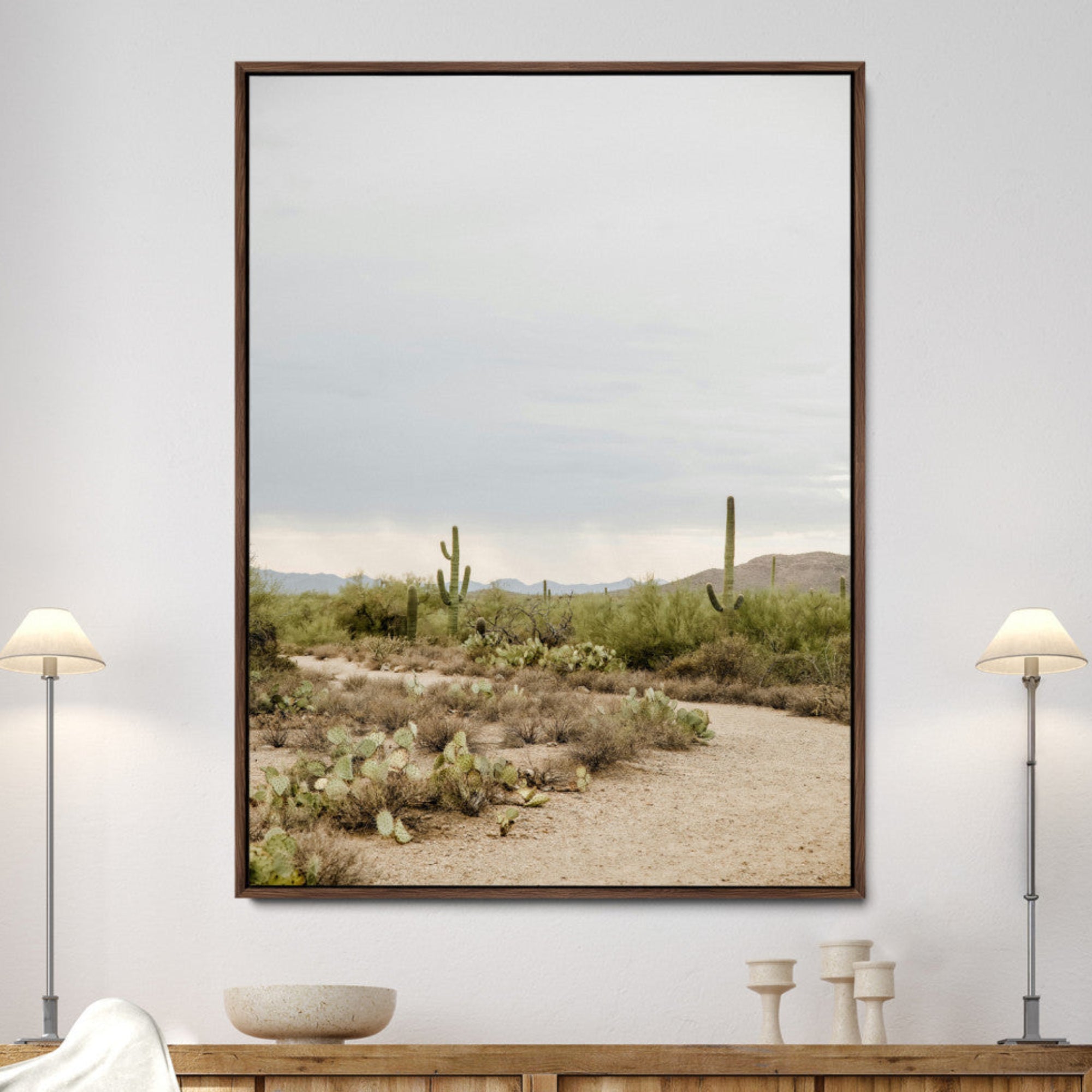 55042528-MGV-FC-24X36-Desert Landscape Wall Art Canvas Print – Cacti and Shrubs Pathway Natural Southwestern Scene Framed Artwork for Home Office