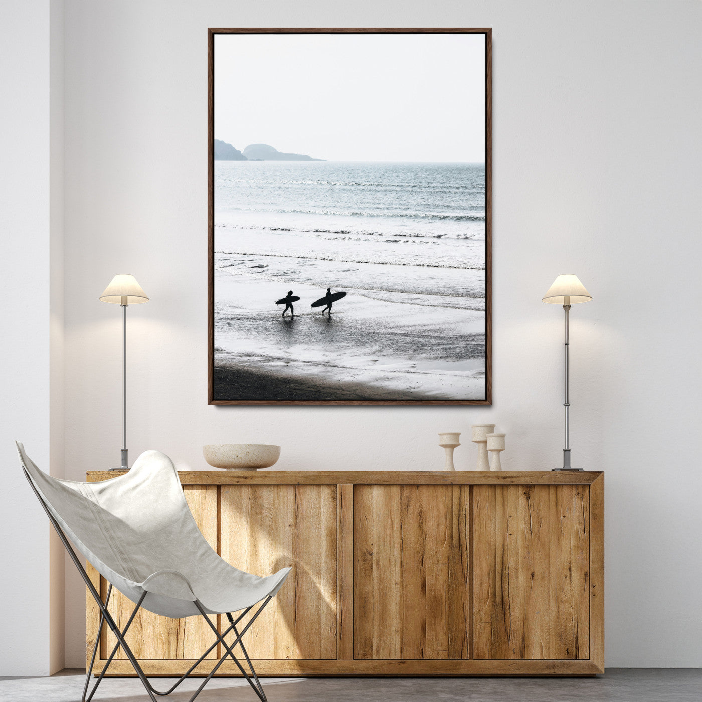 Surfer Silhouettes Wall Art Canvas Print, Framed Minimalist Ocean Art Picture Print