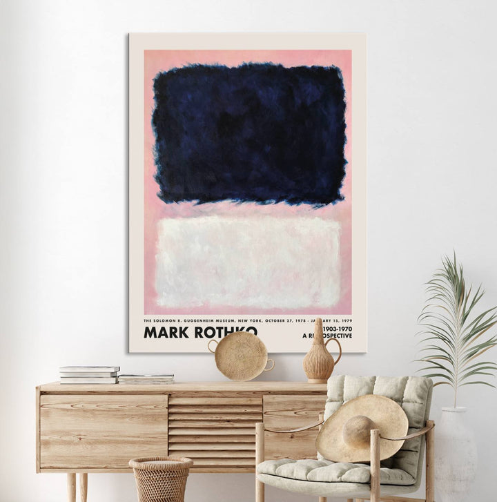 A minimalist interior decor features a Mark Rothko Canvas Wall Art Print, showcasing an iconic abstract expressionist design.