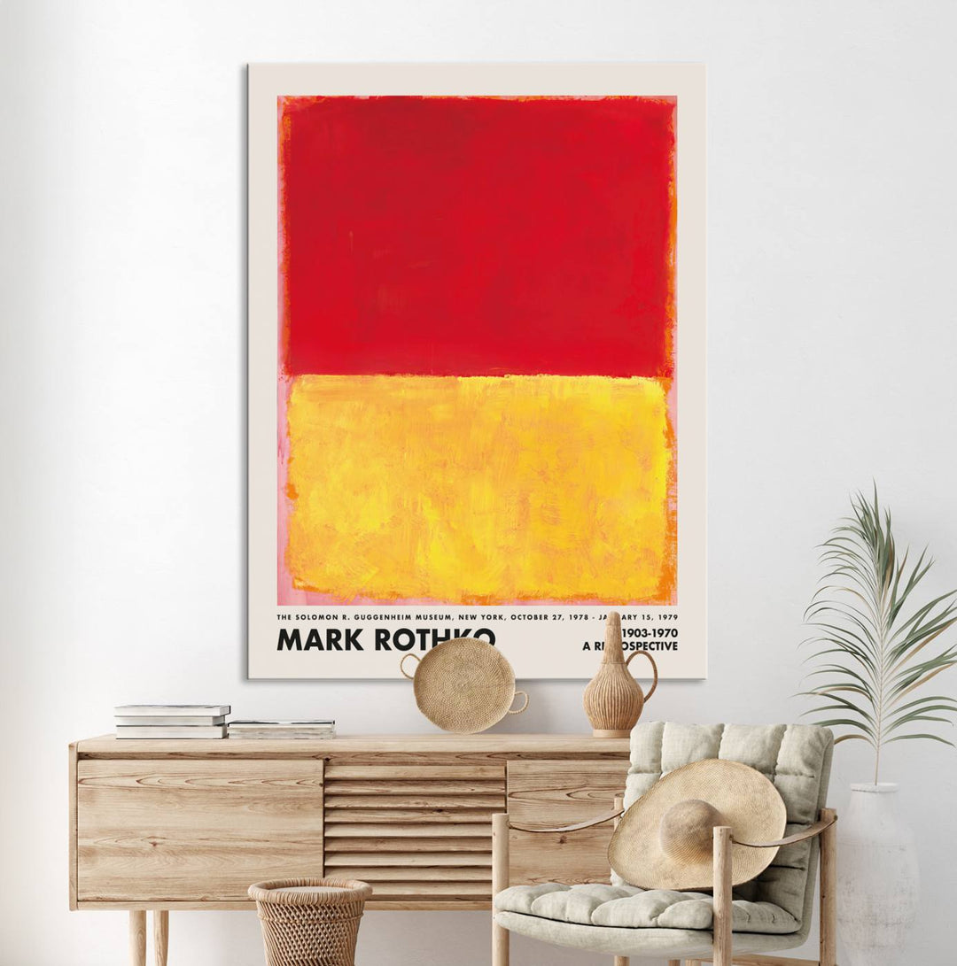 A Mark Rothko canvas wall art print, showcasing iconic abstract expressionist design in red and yellow, graces the wall, adding vibrancy to the minimalist interior.