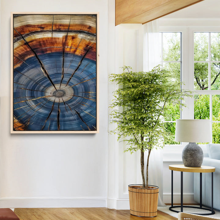 Tree Rings Wall Art Canvas Print, Framed Wood Texture Art Picture Print, Blue Grain Perfect Rustic Modern Decor Artwork, Wood Texture Wall Art Canvas