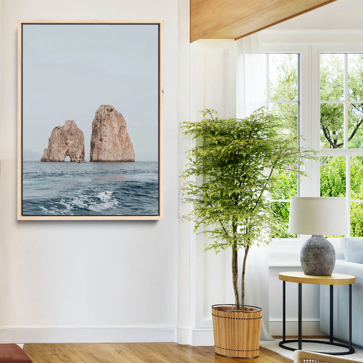Faraglioni Capri Wall Art Canvas Print, Serene Ocean Print, Framed Mediterranean Coastal Art Print, Large Rocky Ocean Printing