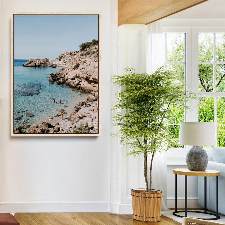 Turquoise Cove Wall Art Canvas Print, Ibiza Beach Print, Framed Mediterranean Shore Art Print, Large Clear Shoreline Printing Boho