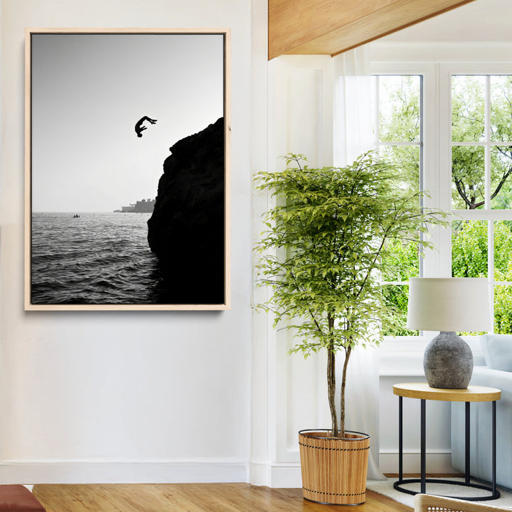 Cliff Jumping Wall Art Canvas Print, Black White Ocean Print, Framed Monochrome Cliff Dive Art Print, Large Coast Dive Printing,