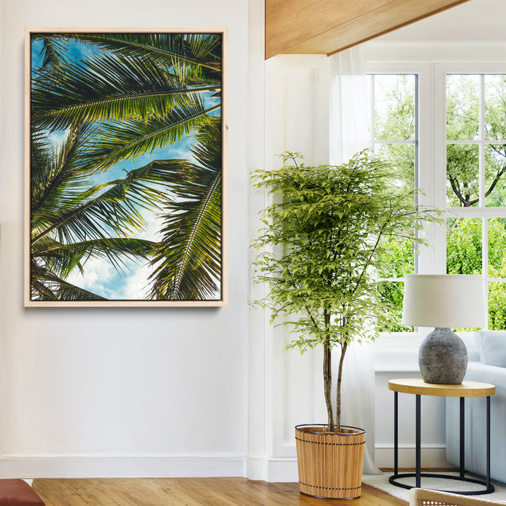 Palm Leaves Wall Art Canvas Print, Framed Tropical Vibes Art Picture Print, Green Foliage Perfect Tropical Boho Decor Artwork