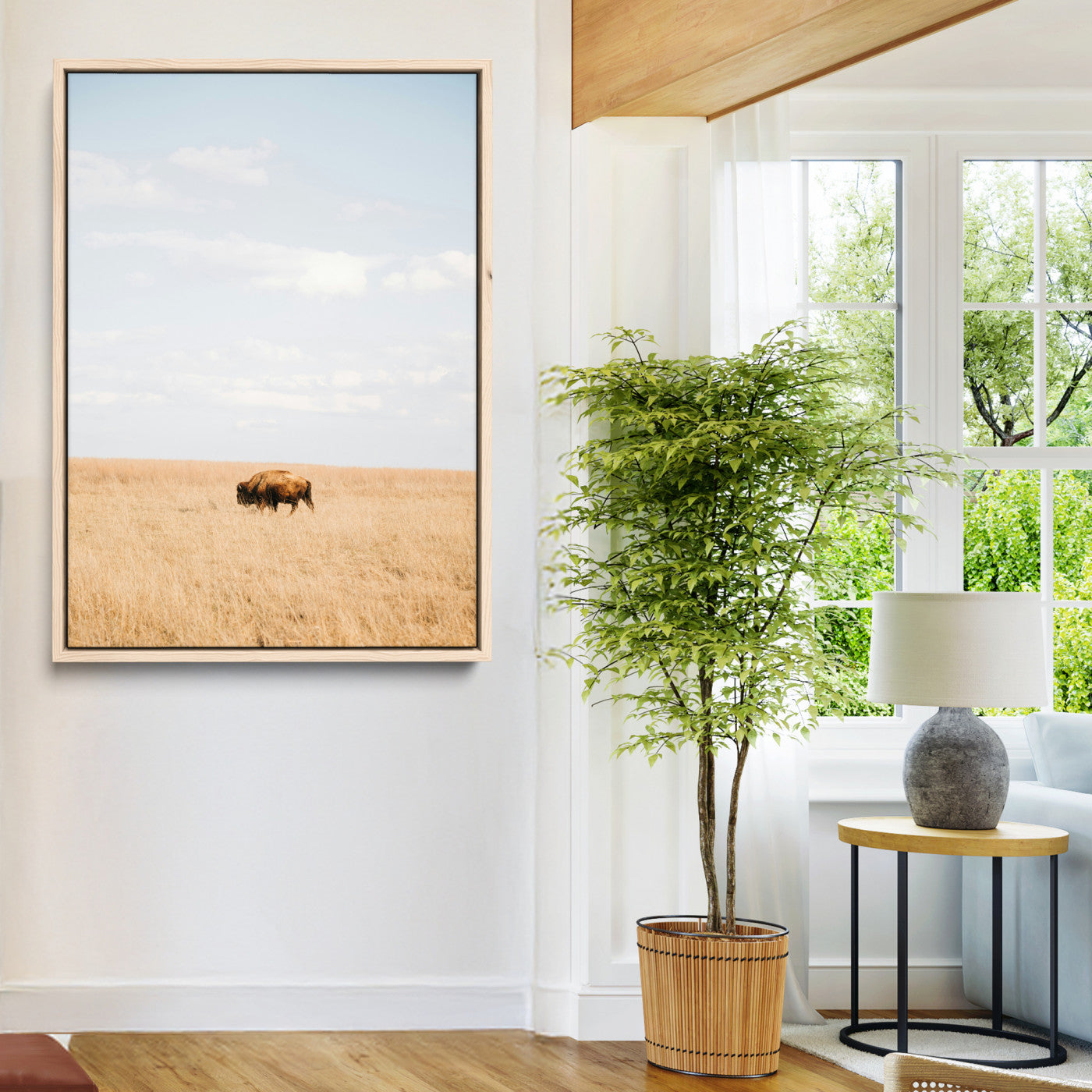 Minimalist Nature Wall Art Canvas Print, Framed Bison In Grassland Art Print, Open Field Perfect Modern Ranch Decor Decor Artwork