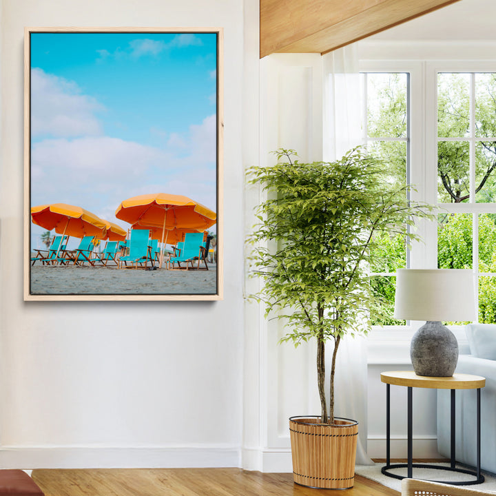 Beach Umbrellas Wall Art Canvas Print, Framed Coastal Vibes Art Picture Print, Tropical Paradise Perfect Coastal Boho Decor Artwork