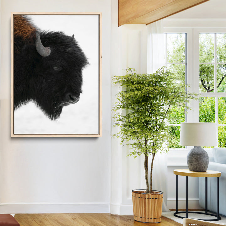 Western Rustic Wall Art Canvas Print, Framed Buffalo Photography Art Picture Print, Black and White Wildlife Perfect Modern Ranch Decor