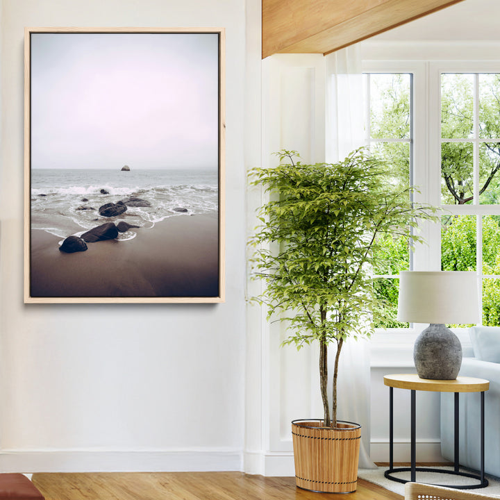 Moody Seascape Wall Art Canvas Print, Framed Neutral Beach Art Picture Print, Foggy Ocean Perfect Minimalist Decor Artwork