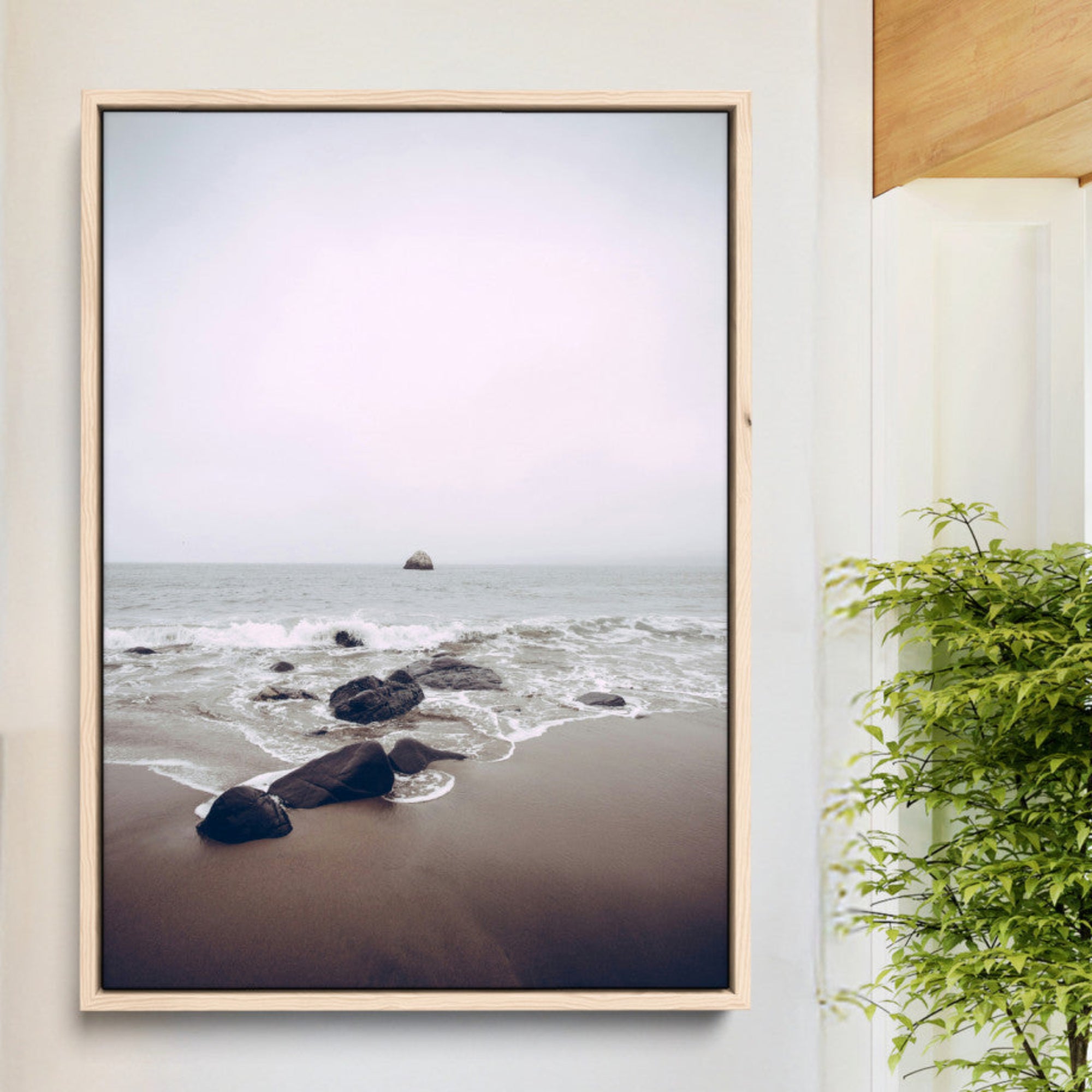 38272740-MGV-CV-24X36-Moody Seascape Wall Art Canvas Print – Foggy Ocean Waves Neutral Beach Scene Tranquil Coastal Nature Artwork for Home Office
