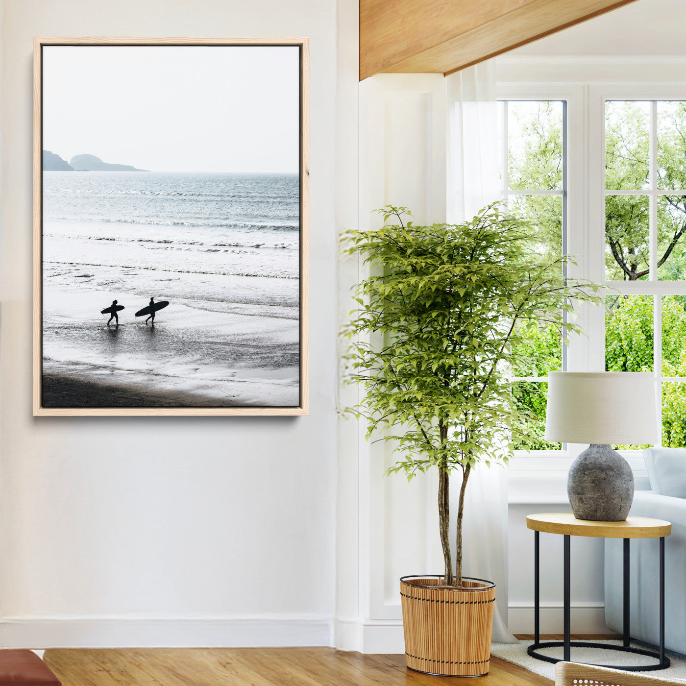 Surfer Silhouettes Wall Art Canvas Print, Framed Minimalist Ocean Art Picture Print