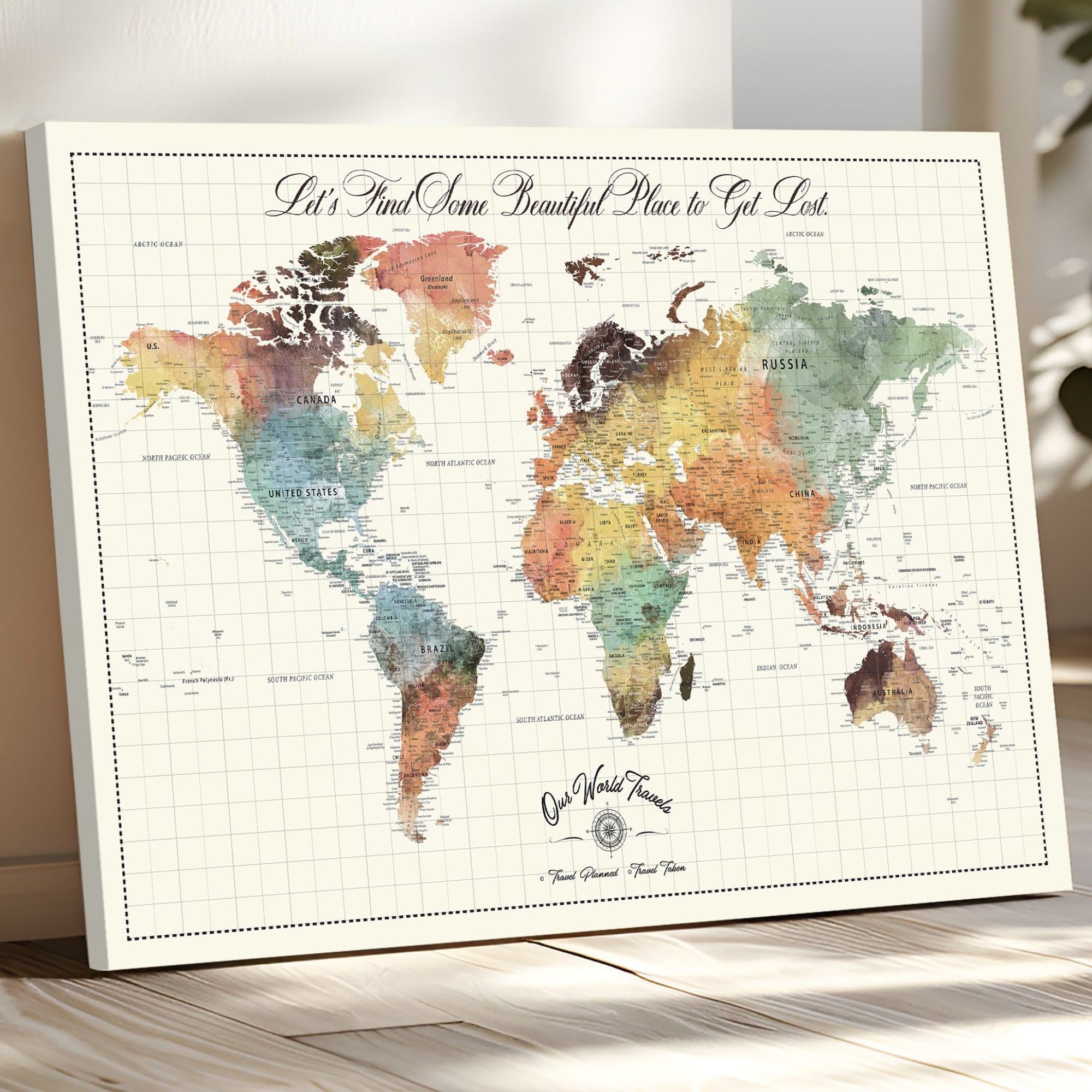 Rehber01-MGV-CV-36X24-Custom Framed World Map Canvas Print Personalized Push Pin Travel Tracker Gift for Couples for Home, Office