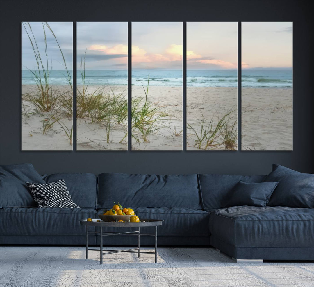 A chic living room is beautifully highlighted by the rustic farmhouse art, specifically the Test Beach Print - 2, displayed prominently above a wooden console.