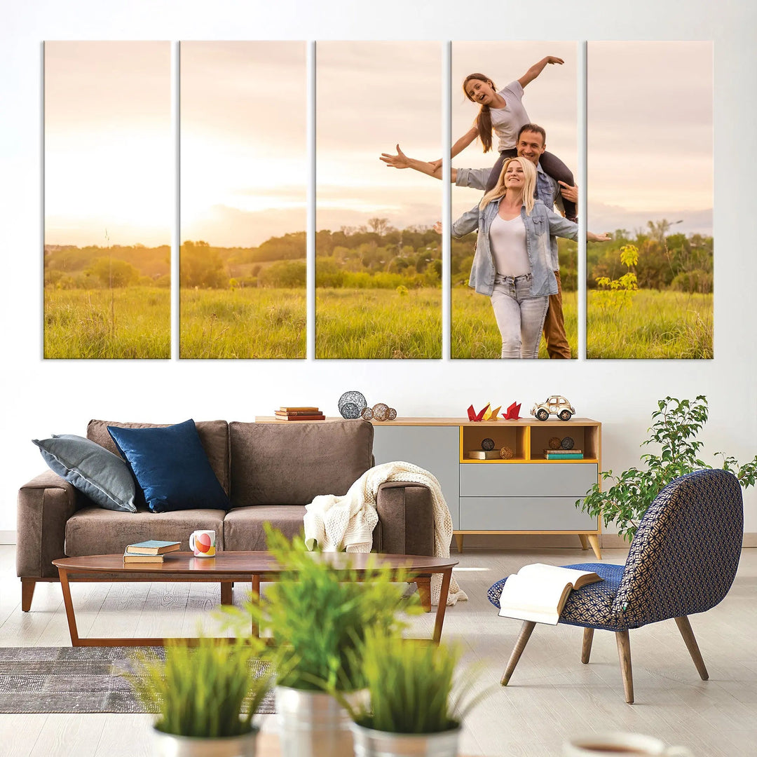 Transform your living room with a 5 Panel Custom Your Canvas Print. This personalized wall art, crafted on premium-quality canvas and ready to hang, captures the joyful essence of a family in a sunny field.